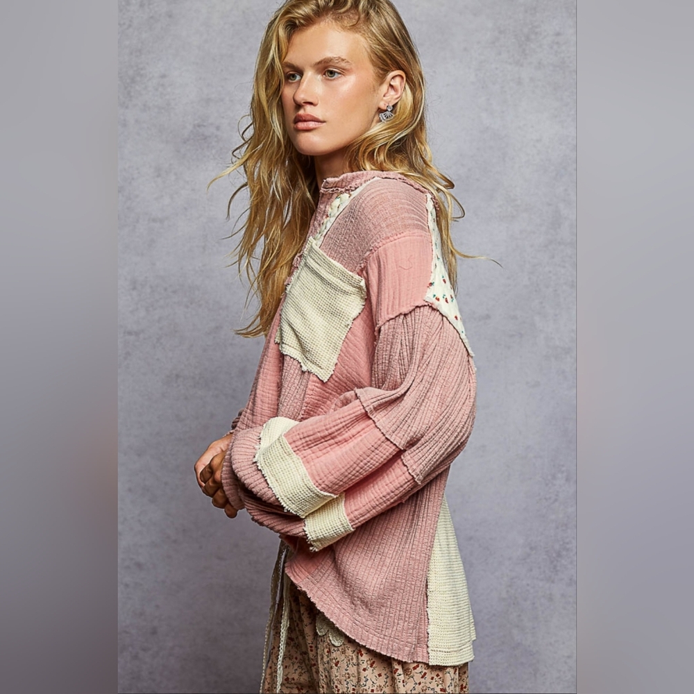 POL Oversized Patchwork Shirt in Dusty Pink and Cream - Picture 3 of 6